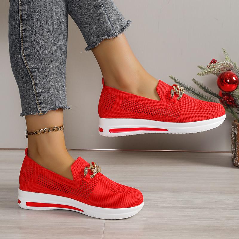 Весна Лето Новая Мода Женские Повседневные Вулканизированные Спортивные Вязаные Кроссовки На Плоской Мягкой Подошве С Перфорацией Цепочка Обувь Большой Размер 43