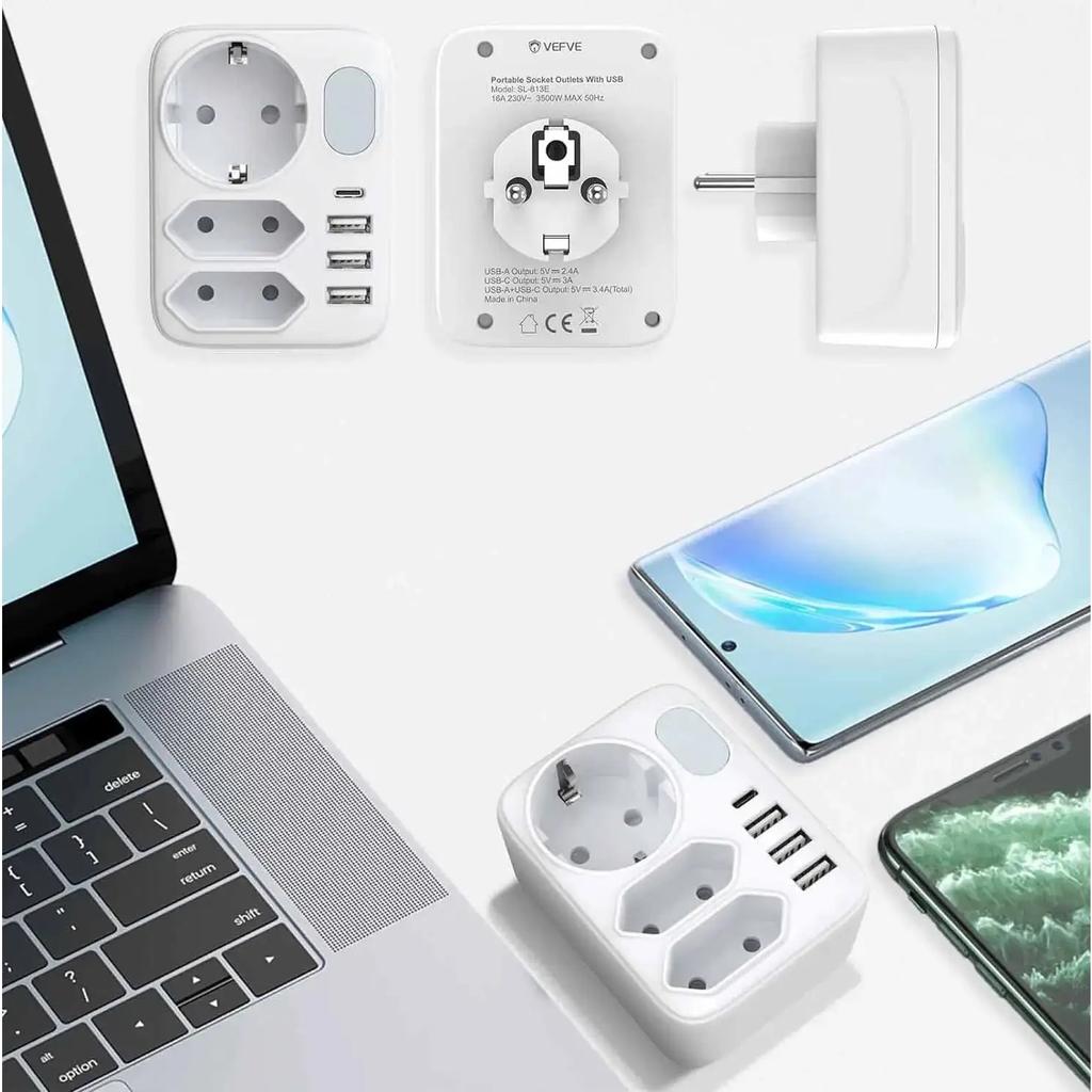 Переходник ЕС Вилка Удлинитель розетки с 3 портами для зарядки USB A+Type C Германия Испания мультивилка Адаптер питания для дома