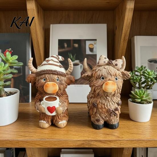Floral Resin Cow Figurines Highland Figurine, Coffee Statue for Farmhouse Home Decor, Artistic Decorative Animal Sculptures Country Style Tabletop