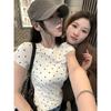 Ретро футболка в горошек с коротким рукавом женская летняя новая корейская узкая и тонкая модная универсальная шикарная топ трендовая