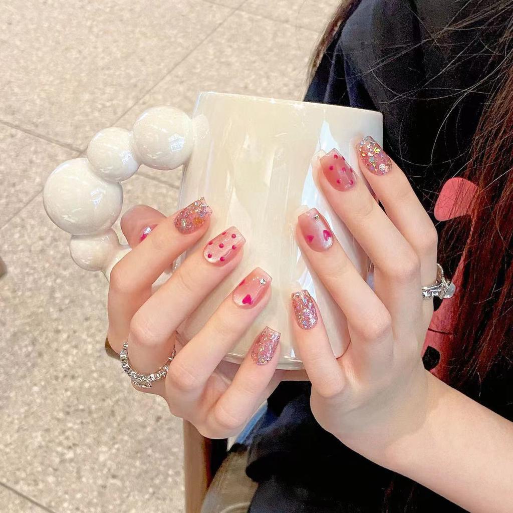 10PCS Heart Cat Eye Rhinestone Fake Nails for Sweetheart Design