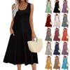 Women's Fashion Round Neck Sleeveless Pleated Beach Dress With Pockets Long Solid Color Dresses