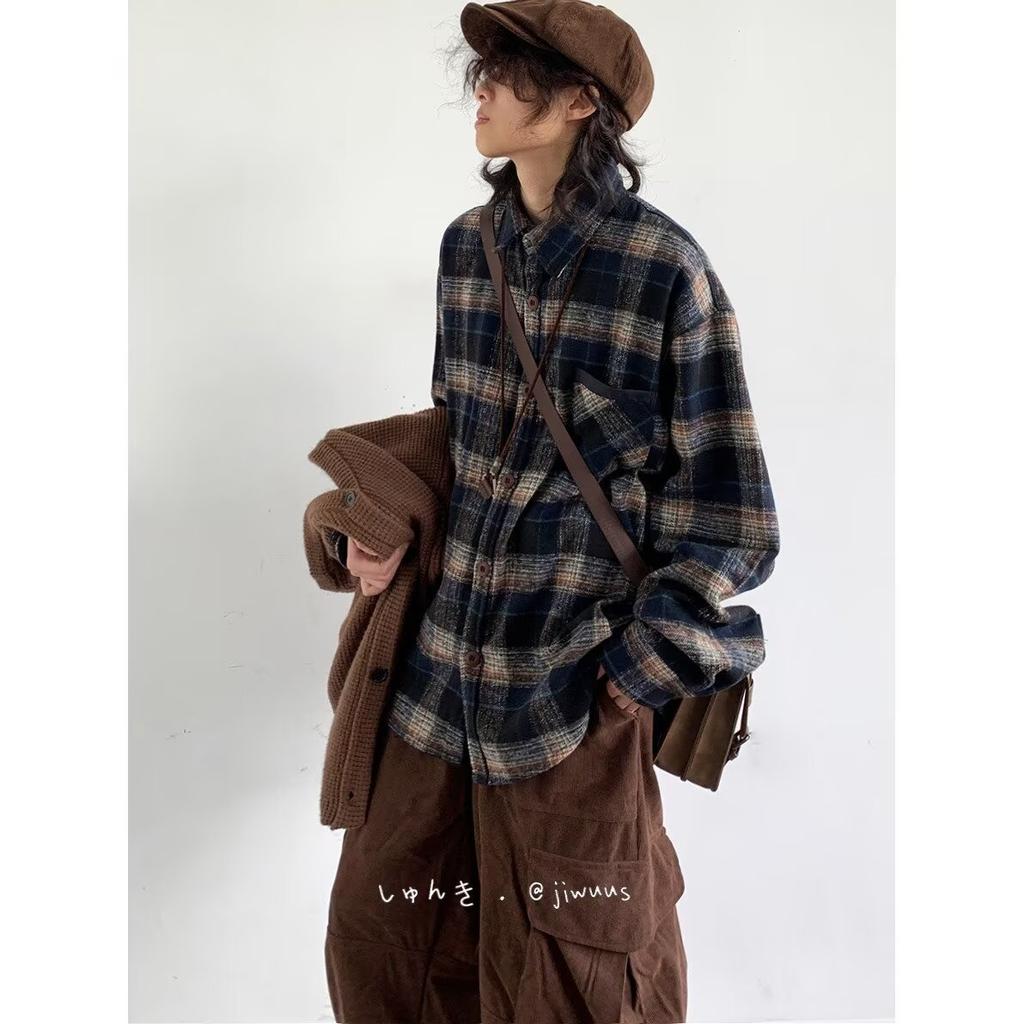 2024 Клетчатая рубашка с длинным рукавом в японском стиле Гонконга Ins Свободная рубашка для мальчиков Летнее модное универсальное повседневное пальто