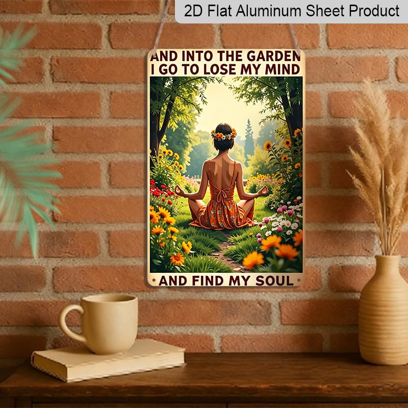 2D Flat Vintage Garden Quote Aluminum Sign "And Into The Garden I Go" Yoga Girl Wall Decor Boho Yoga Wall Art Garden Decor, Backyard, Patio, Yoga