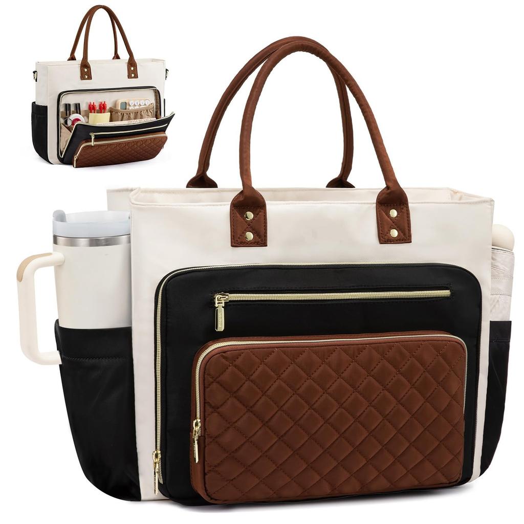 Large Capacity Women's Handbag Nurse Tote with Cup Holder Laptop Briefcase Commuter Travel Shoulder Bag Multi-Functional Insulated Bag