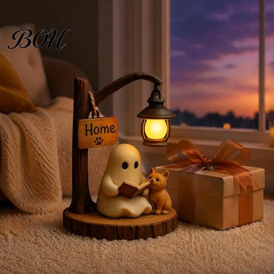 Reading Book Ghost Statue Halloween Figurine, LED Light-up Street Light Resin Spooky Figurine Statue, Cat Desktop Decoration for Holiday Party Cartoon