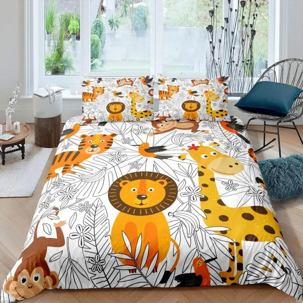 Комплект постельного белья с изображением мультяшных животных King Size Savannah Tropical Forest Jungle Wildlife Комплект постельного белья Kids Zoo Полиэстеровый пододеяльник