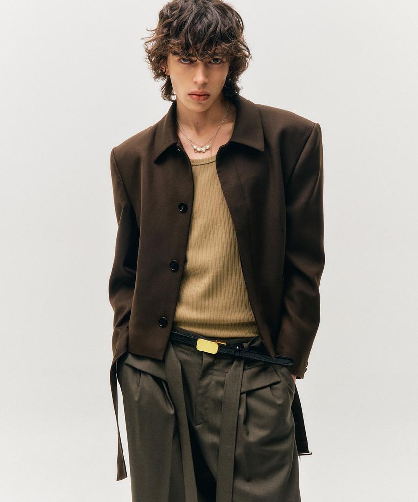 Noirer Lux Wool Belted Crop Jacket (Brown)