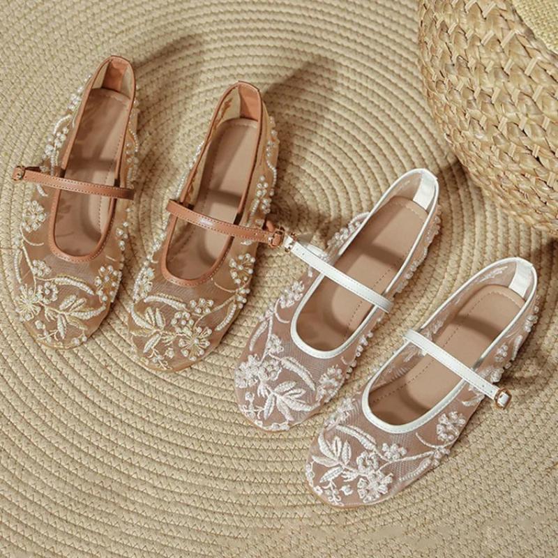 Fashion Vintage Mesh String Bead Decoration Design Ballet Flats Women Fashion Round Toe Buckle Brand Mary Jane Flats Comfort Casual Shoe