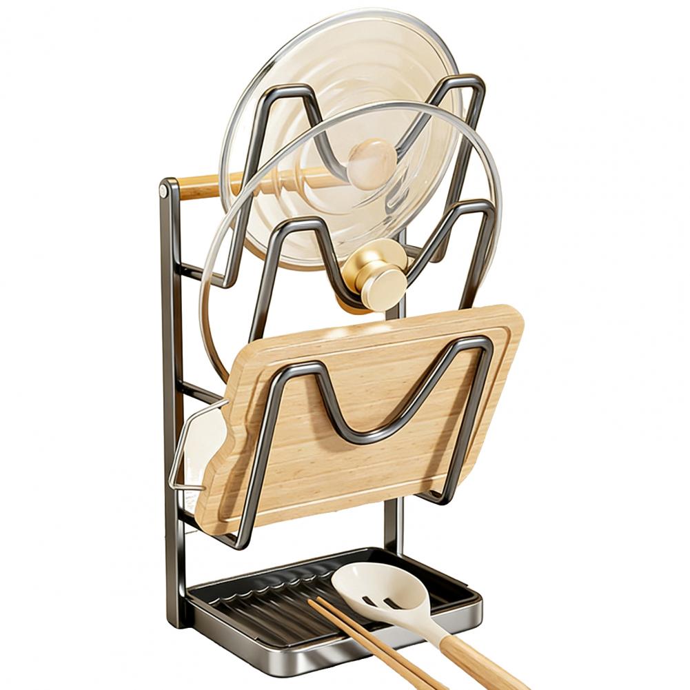 Подставка для хранения крышек кухонных кастрюль, держатель для крышек кастрюль из углеродистой стали во время приготовления, подставка для крышек кастрюль с подставкой для ложки, съемный поддон для сбора капель