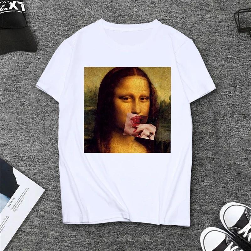 Летняя пародия Мона Лиза Пей пиво Принт Футболки Женская Эстетика Смешные Повседневные Топы с короткими рукавами Женская Футболка с рукавами Харадзюку