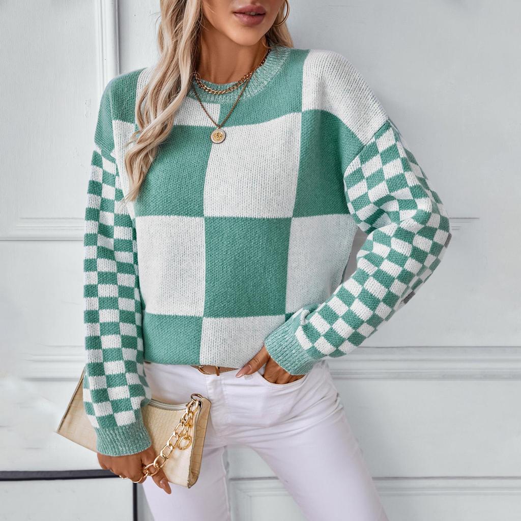 Autumn Winter Vintage Loose Long Sleeve Top Grid Pattern Cardigan Knitwear O-Neck Sweater