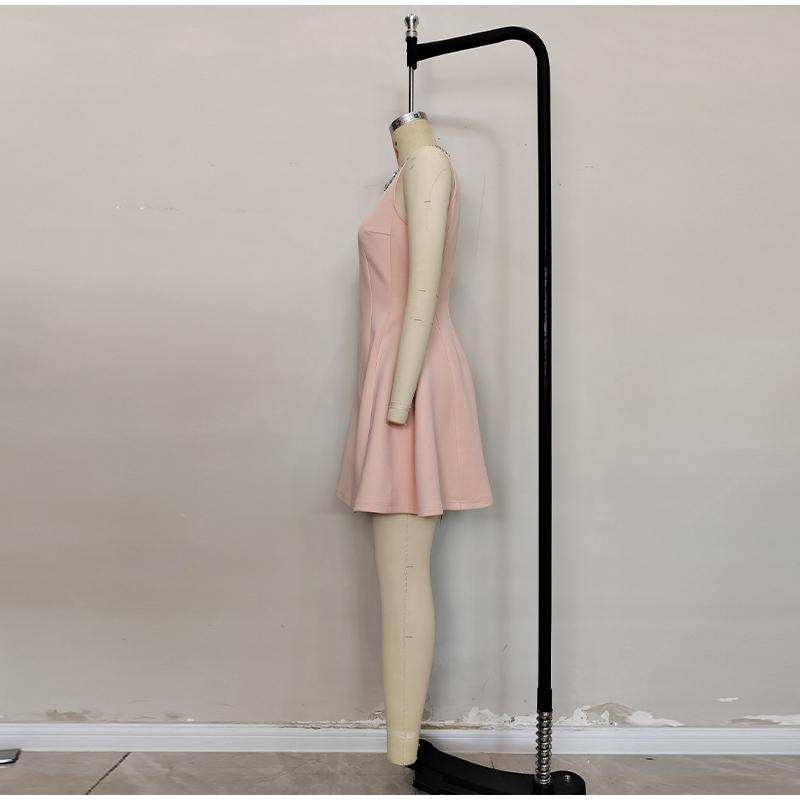 Ladies' Full Diamond Collar Studded Pearl Dress with Crystal Decoration Summer New Pink Waist Cinched Dress Temperament Short Sleeveless Women's Skirt