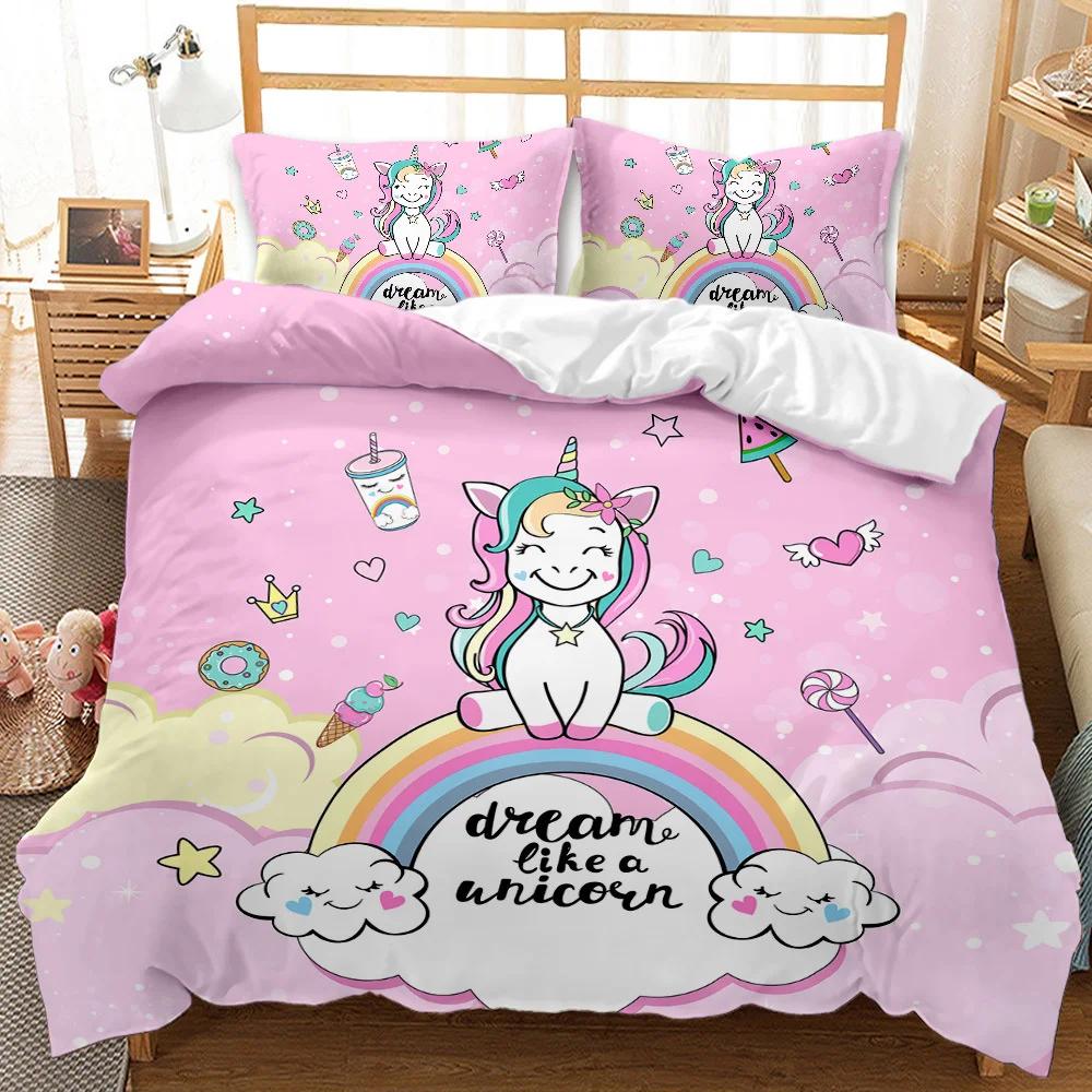 Unicorn Kids Girls Pink 3D Bedding Set Duvet Cover Sale Cartoon Bedcllothes Animal Printed Queen King Size Home Duvet Covers