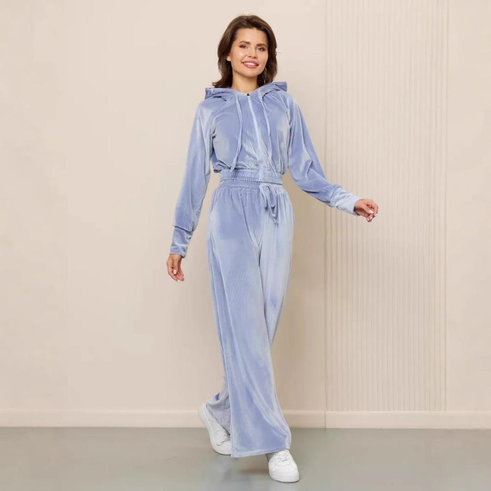 Женский повседневный спортивный костюм из 2 предметов однотонный велюровый кардиган на молнии с капюшоном с длинным рукавом + брюки с широкими штанинами на эластичной талии