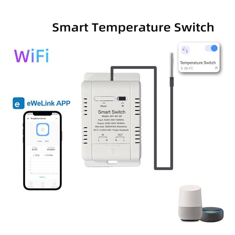 WiFi-переключатель температуры с датчиком 1 м EWelink Умный WiFi-термостат 20 А Переключатель температуры Поддерживает голосовое управление JAS