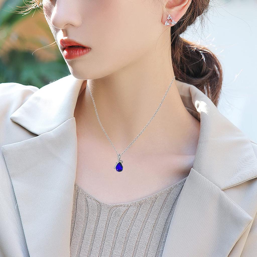 Day Present K14 White Gold Necklace Sapphire September Birthstone Drop Pendant Sterling Silver Silver Chain Accessory Birthday Christmas Day Present