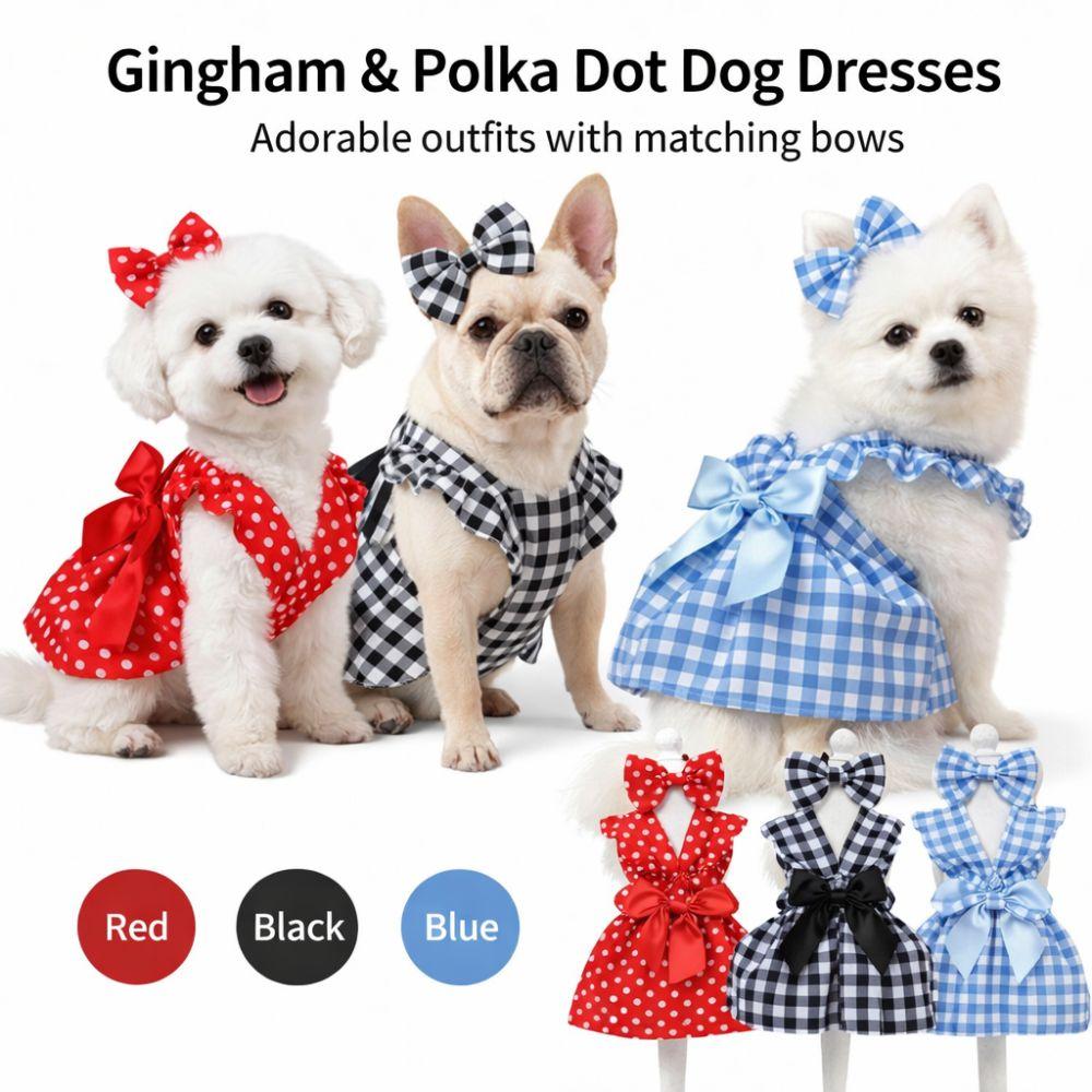 Bow Headband Cat Dog Princess Dress Polka Dots Printing Pet Dress Cute Pet Skirts  Spring Summer