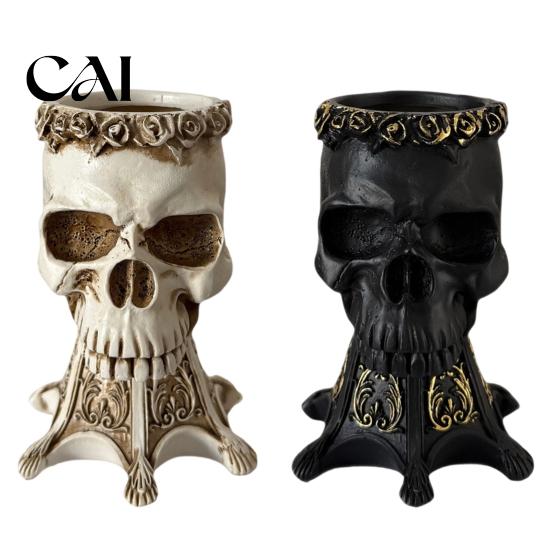 Unique Flower Vessel Gothic Skull Vase, Spooky Resin Head Statue, Halloween Table Centerpiece Distressed Crafts Retro for Home Shelf Mantel Decor