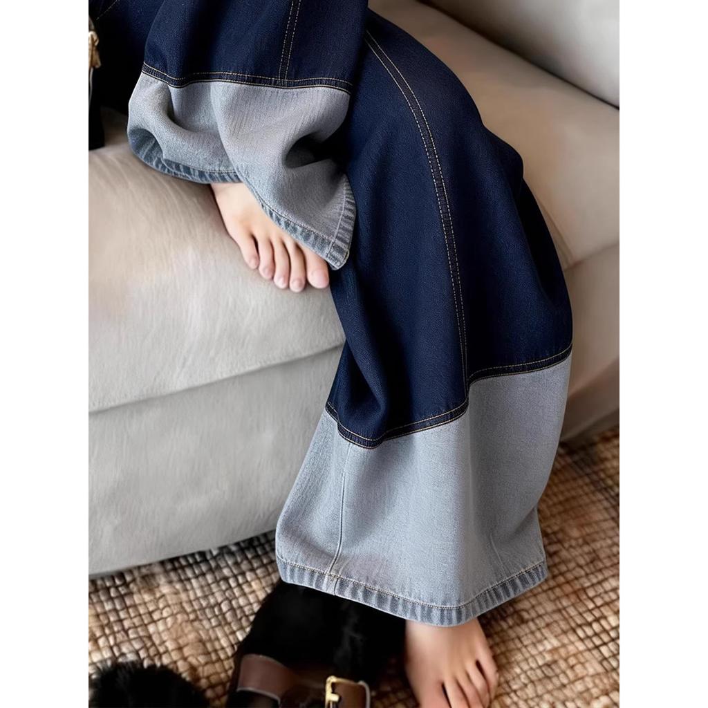 American retro color matching jeans women's high waist drape wide-leg pants summer new loose and thin floor-mopping trousers tide