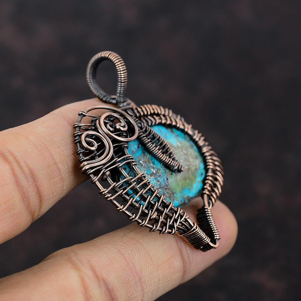 Подвеска из азурита, медная проволочная обертка, подвеска ручной работы в стиле бохо, медная ювелирная обертка, подвеска из драгоценных камней, проволочная обертка, ювелирное украшение, подарок для нее