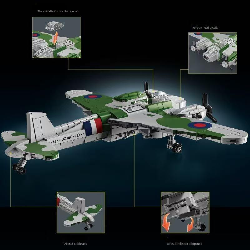 WW2 UK Military Mosquito Air Fighter Glider Battle Bomber Building Blocks Model Childrens Kids Hobby Toy Gift for Birthday Christmas
