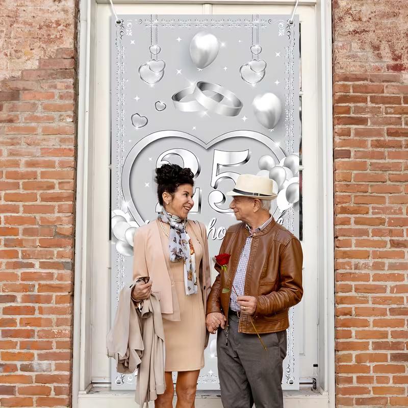 2D 25th Silver Wedding Backdrop, Hearts & Balloons Background