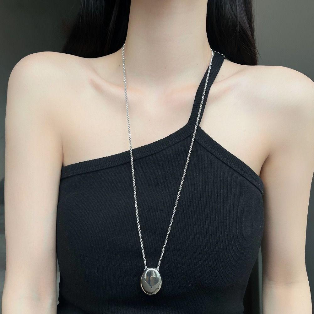 Large Oval Long Sweater Chain Metal Smooth Glossy Droplet Pendant  Autumn Winter