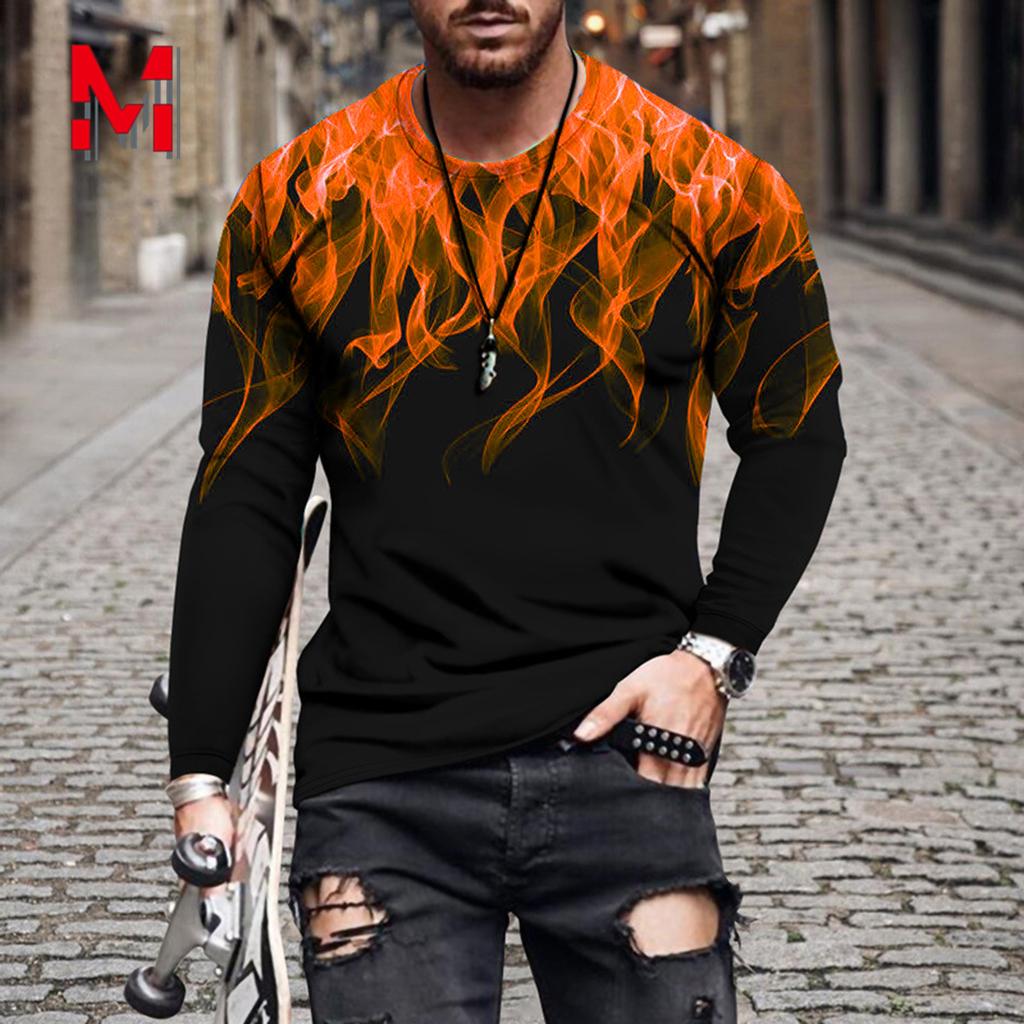 Мужские футболки Летняя футболка с длинными рукавами с круглым вырезом и принтом пламени Мужская одежда с принтом Топы больших размеров Рубашки