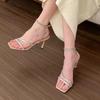 Women's Sandals Fashion Rhinestone Narrow Strap Brand Designer High Heels Summer Versatile Square Toe Open Toe Women's Sandals