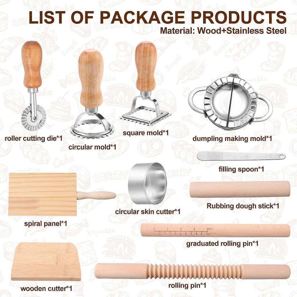 11-Pc Pasta Making Kit W/ Wooden Rolling Pin, Gnocchi Board, Dough Cutter, Dumpling & Ravioli Maker – Compatible with All Kitchens less