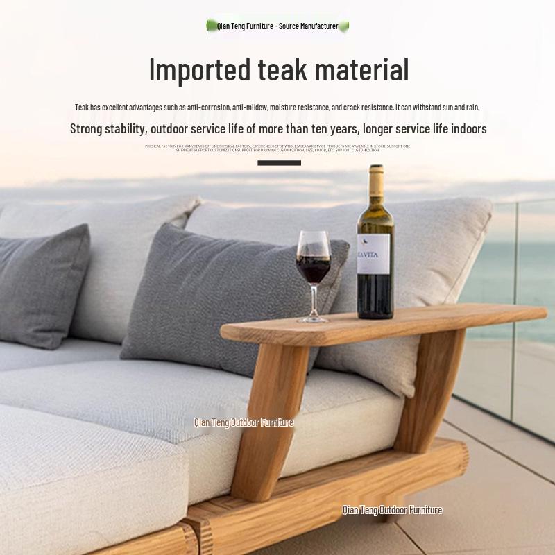 Solid Teak Outdoor Sofa & Coffee Table Set - Nordic Style for Courtyard or Villa