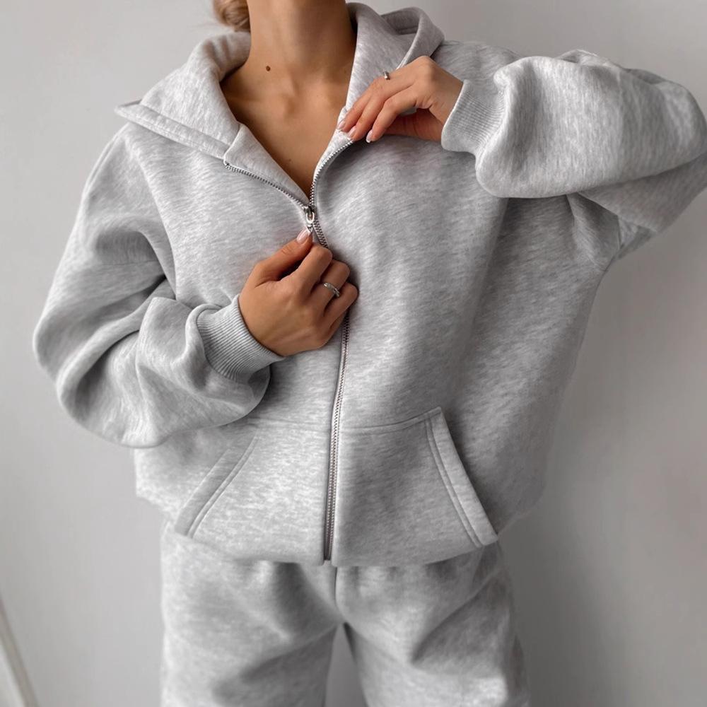 Women's Casual Tracksuit 2 Piece Set Solid Color Long Sleeve Hooded Cardigan Pocket Sweatshirt with Elastic Waist Pants