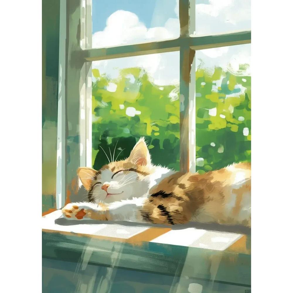 Lazy Cat Cartoon Poster and Print Canvas Painting Cat Sleeping on Windowsill Wall Art Picture for Living Room Home ation