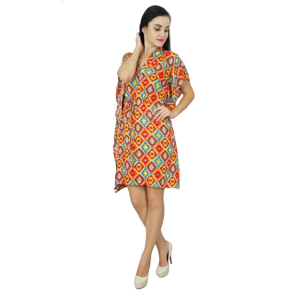 Bimba Женское платье-кафтан с принтом, короткая пляжная туника, кафтан из искусственного шелка
