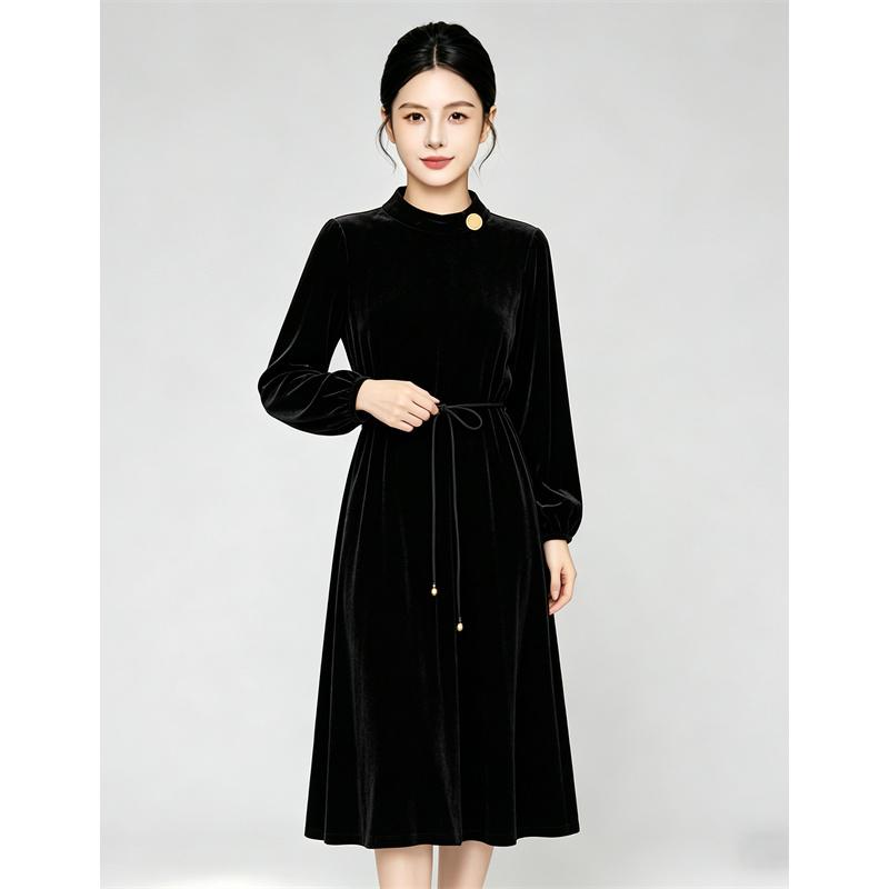 Standing collar velvet waist cinched long dress