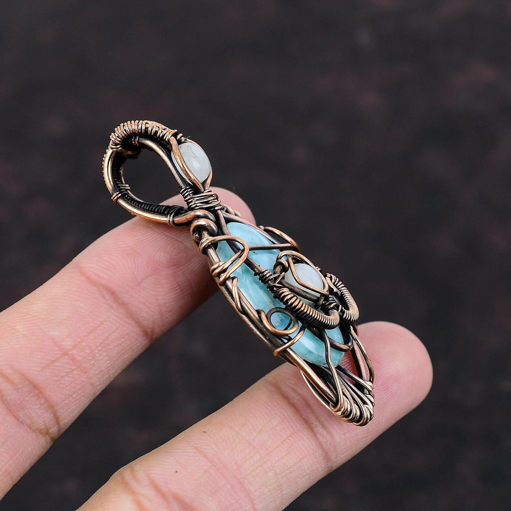 Подвеска с ларимаром от сглаза, медная проволока, ювелирное изделие, драгоценный камень, подвеска ручной работы, радужный лунный камень, подарочная подвеска, медная проволока, обернутая в рулон