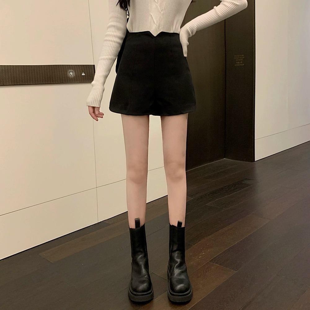 Женские шерстяные шорты с высокой талией - Универсальные осенне-зимние шорты-буткаты черного/абрикосового цвета.