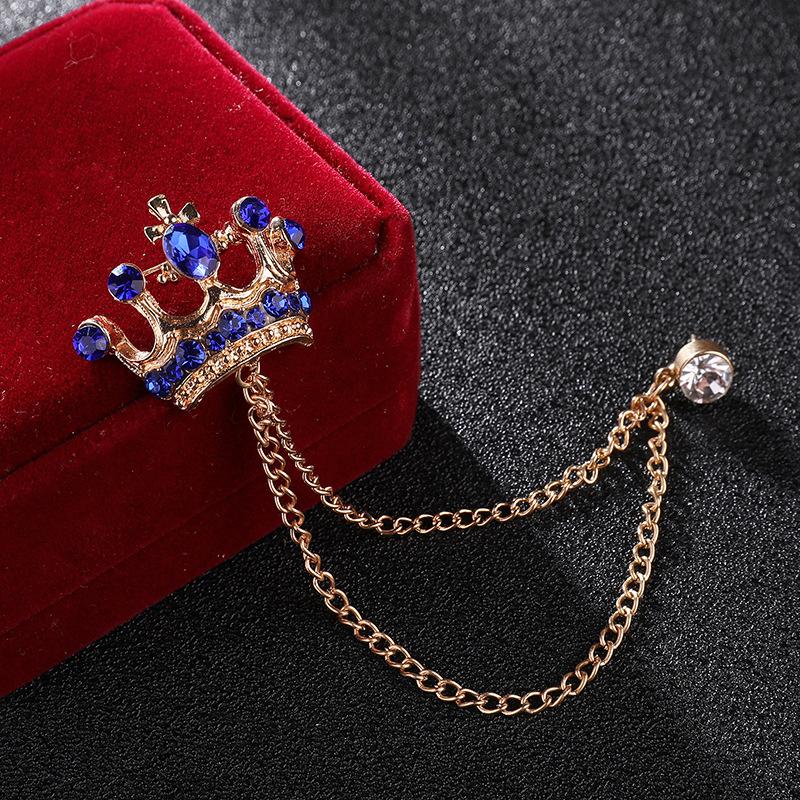 JY Fashion Brooch Vintage Crystal Crown Chain Pin for Men Jewelry Suits Accessories Lapel Badge Brooch