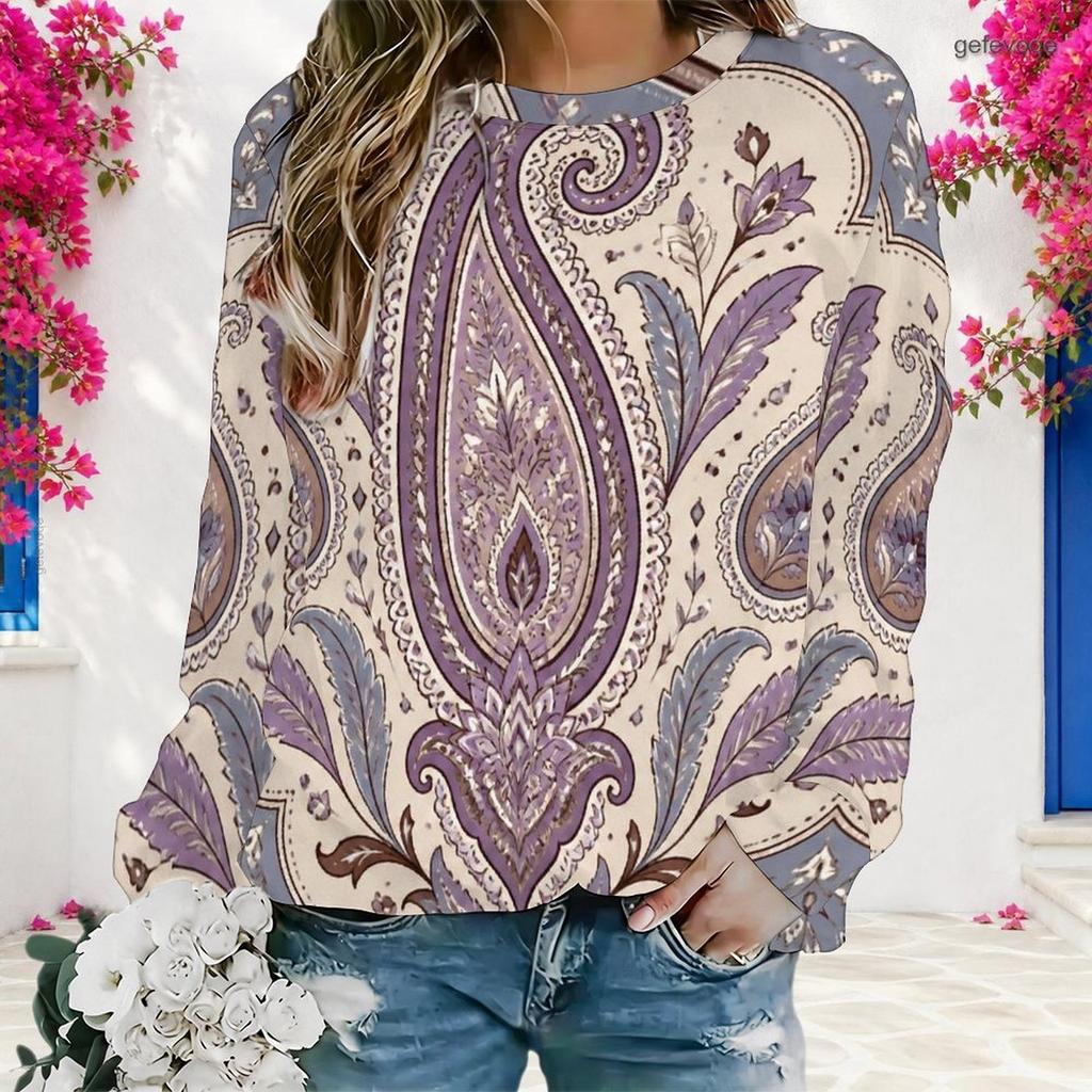 Women Plus Size Teal Floral Printed Round Neck Long Sleeve Pullover Sweatshirt
