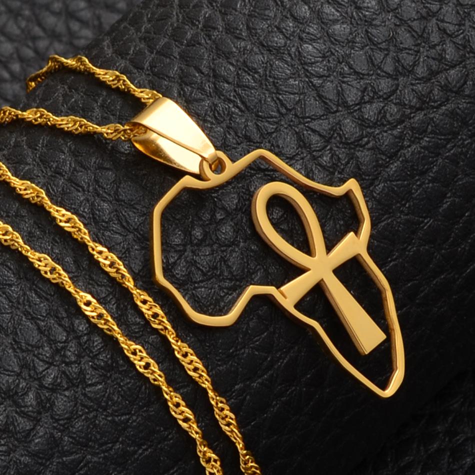 Anniyo Africa Map & Ankh Pendant Necklace Women Girl Gold Color Jewelry African Maps Chains Egyptian Symbol Cross #121521