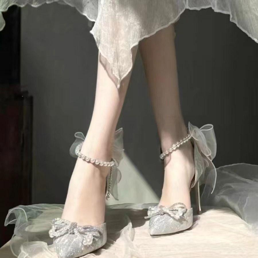 Остроносые свадебные туфли женские 2024 новые основные свадебные туфли свадебные туфли обычно можно носить туфли подружки невесты французские хрустальные высокие каблуки