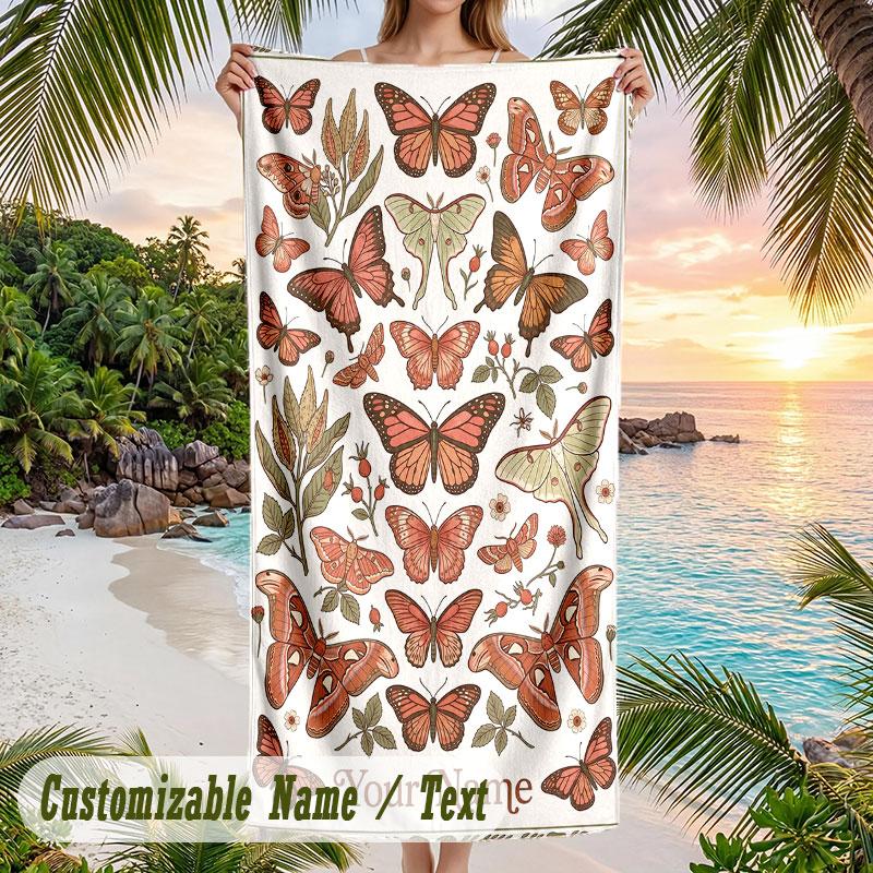 Butterflies Moonlight Theme Quick Dry Beach Towel Custom Name Text Print Large Sand Resistant Towel Beach Vacation