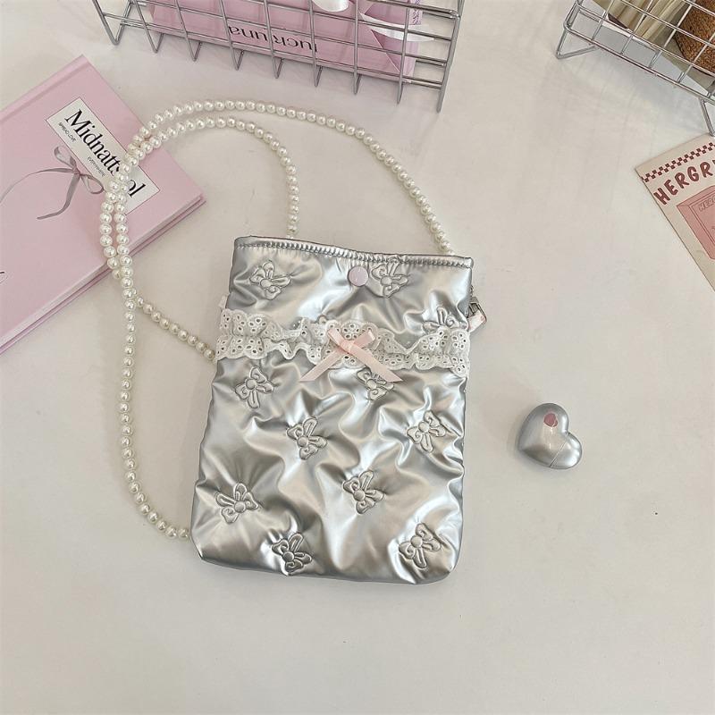 Pu Bow Padded Cotton Messenger Small Bag Mobile Phone Bag Pearl Chain Bag Portable Mini Cosmetic Bag