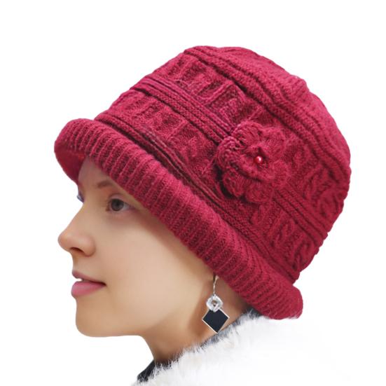 Женская утепленная вязаная шапка с цветком, крючком, шляпа-ведро для пожилых женщин, зимняя теплая шляпа рыбака для активного отдыха