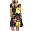 Women Summer Short Sleeve Flower Printed Pockets Sundress Casual Swing Dress
