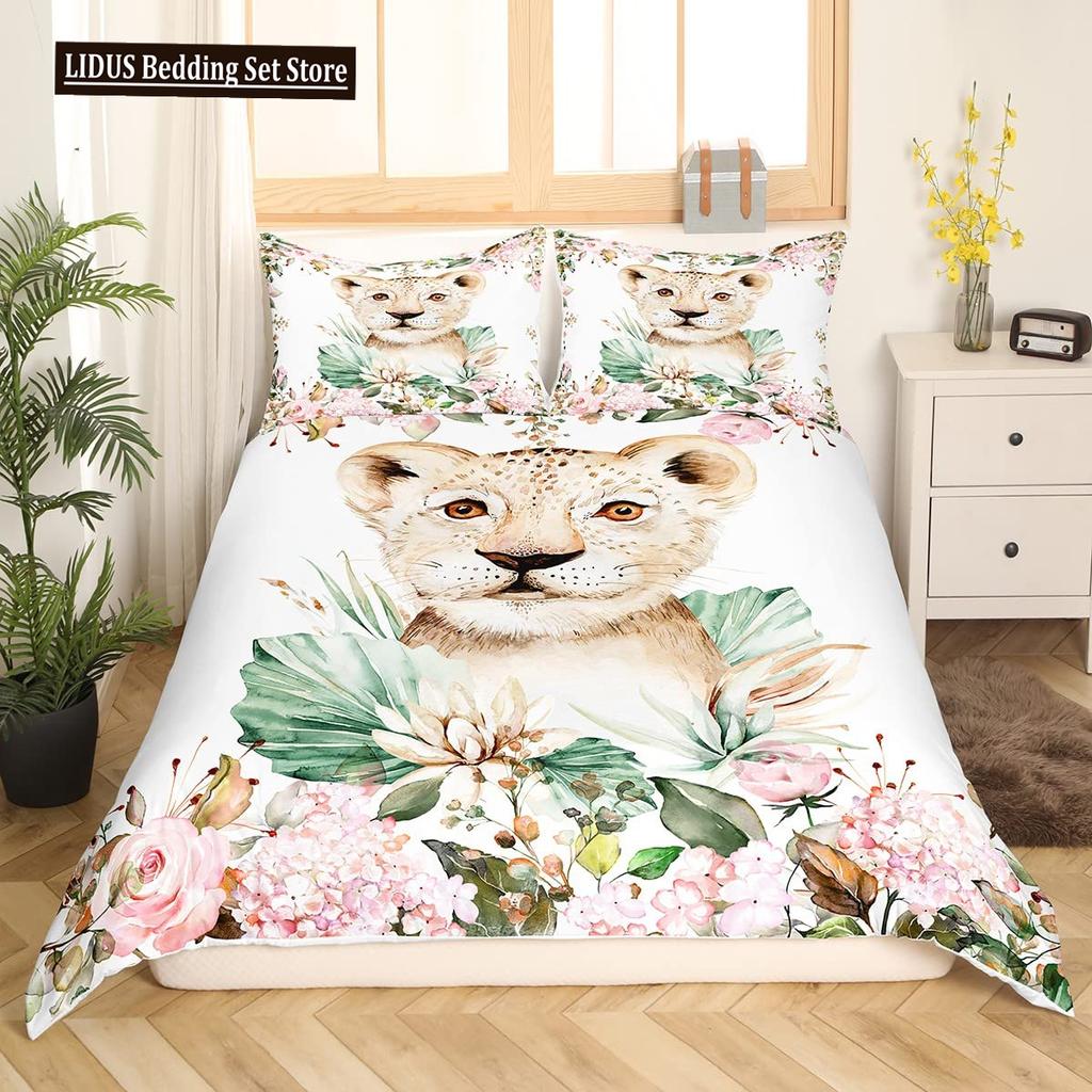 Пододеяльник Lion Rose Комплекты Кинг-сайз Анималистичный Цветочный Принт Полиэстер Чехол для Одеяла Тема Природы Комплект Постельного Белья Для Детей Взрослых Подростков