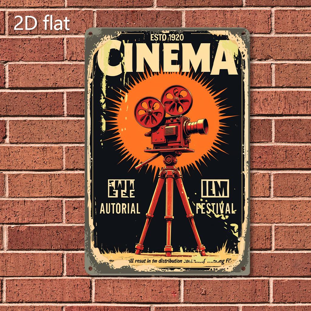 Vintage Cinema Metal Wall Art Retro Movie Decor Sign with Film Reel Tripod Design Iron IndoorOutdoor Hanging Plaque ES