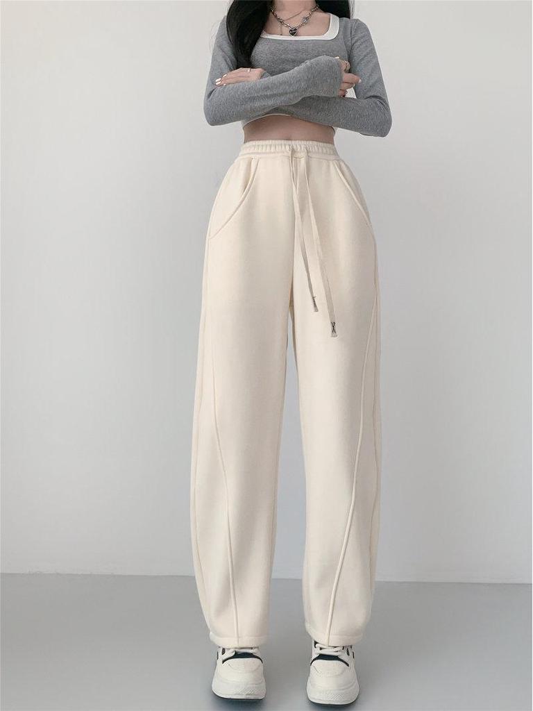Women's 2024 Autumn/Winter Wide-Leg Banana Pants: Velvet Lined, Straight Fit, Casual and Warm.