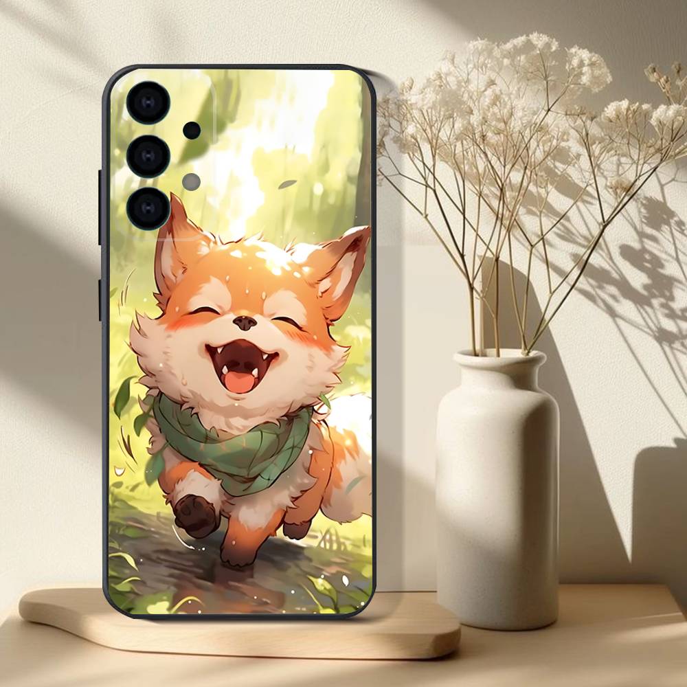 Милый животный лис Чехол для телефона для Samsung S 25,24,23,22,30,21,10,9,Ultra,Plus,Lite,FE,4,5G Черный Мягкий чехол